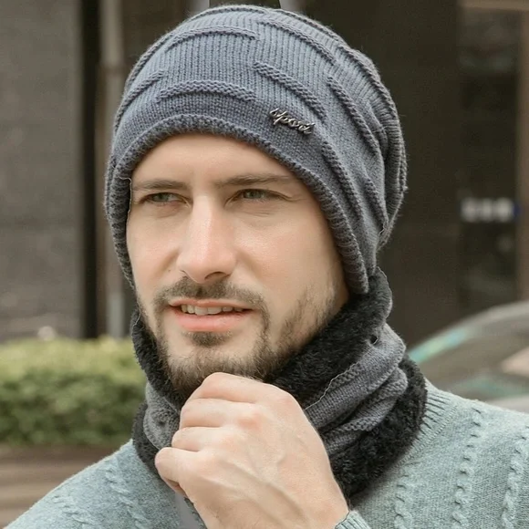 Men's Teddy Lined Cashmere Beanie Infinity Scarf Set